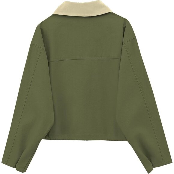Women Army green Cropped Utility Cargo Coat Contrast Collar Barn Outwear - Picture 4 of 6